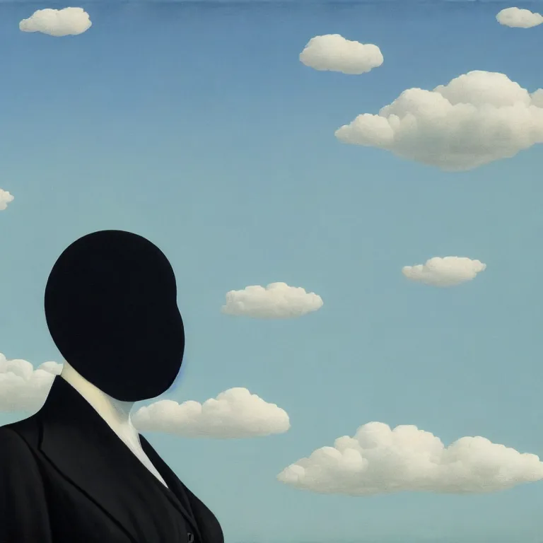 Image similar to portrait of a faceless shadow - head woman in a suit, clouds in the background, by rene magritte, detailed painting, distance, centered, hd, hq, high resolution, high detail, 4 k, 8 k