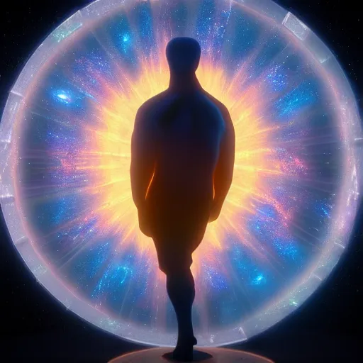 Image similar to a celestial god getting out of an intricate iridiscent halo portal in the heavens, cinematic unreal engine 5