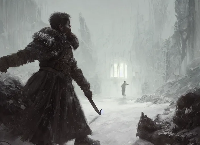 Image similar to a guard in a frozen camp full of corpses, close up, cinematic fantasy painting, dynamic perspective, game of thrones, mandy jurgens and ruan jia and marc simonetti