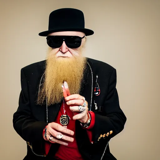 Image similar to billy gibbons smoking a cigar, ( sony a 7 r iv, symmetric balance, polarizing filter, photolab, lightroom, 4 k, dolby vision, photography awardm, voque, perfect face )