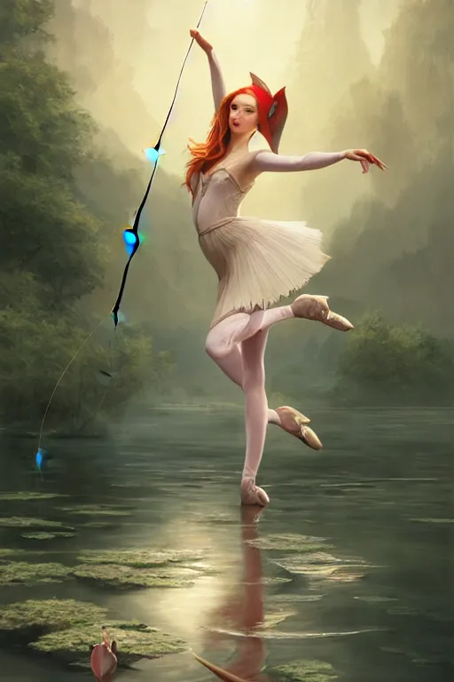 Image similar to elegant elf ballerina fishing in lake, highly detailed, d & d, fantasy, highly detailed, digital painting, trending on artstation, concept art, sharp focus, illustration, global illumination, ray tracing, realistic shaded, art by artgerm and greg rutkowski and fuji choko and viktoria gavrilenko and hoang lap