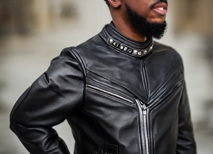 Image similar to product still of Black Panther signature leather jacket, black with silver panther teeth accents, 85mm f1.8