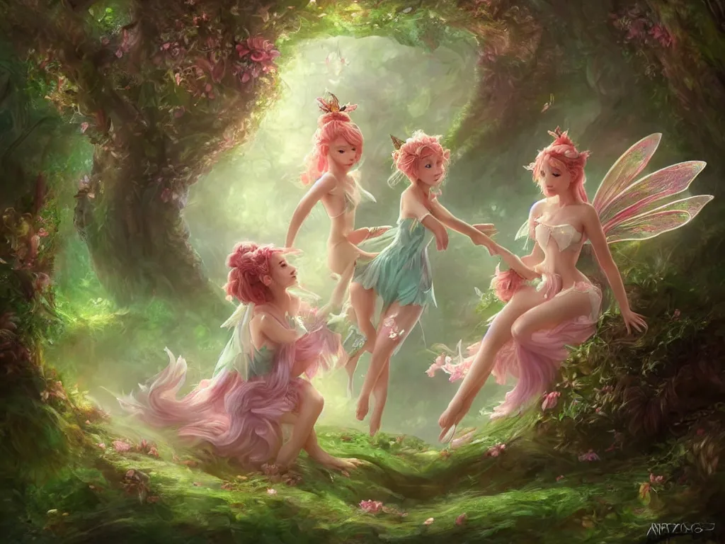 Image similar to two cute fairy in the dreamy forest, fantasy, dreamlike, 8 k resolution, hyper detailed, d & d, character design, digital painting, trending on artstation, sharp focus, illustration, art by artgerm, viktoria gavrilenko, hoang lap, fuji choko, steve zheng