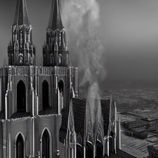 Image similar to an ultra detailed black and white matte painting of the throne of the evil patriarch up incredibly high looking down into the cathedral, incense smoke drifting through the air, artstation, volumetric lighting, exquisite detail, octane render, 8 k postprocessing, art by john collier and albert aublet