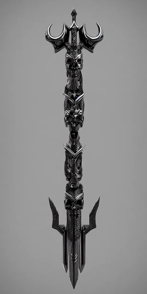 Image similar to a black and silver stylized sword skull crest, ornament, weapon, a 3 d render by dom qwek, front side, concept art, trending on polycount, artstation, hard surface modeling, rendered in maya, zbrush, hd, blizzard, symmetry