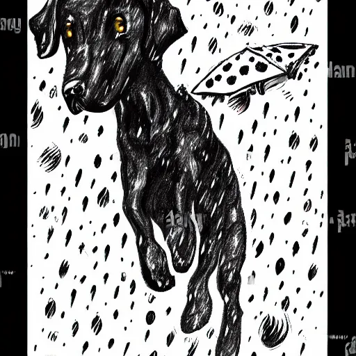 Prompt: a black tall surrealistic dog, running in the rain, summer day, everything is shining, surrealistic, sketch