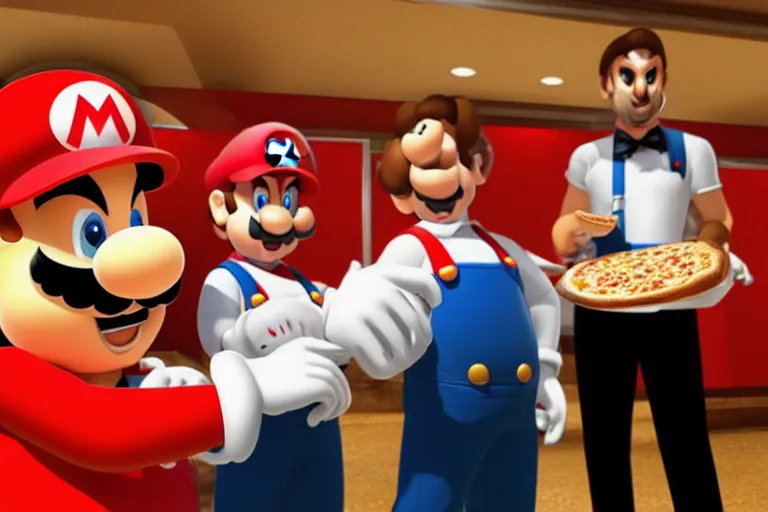 Prompt: a real life mario ordering pizza in pizza hut