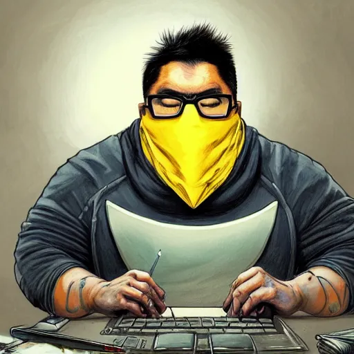 Image similar to an insanely detailed painting of a chubby nerdy asian man wearing a homemade superhero costume and mask, sitting at a computer desk typing on the keyboard, in the style of peter mohrbacher, dramatic lighting and composition, trending on artstation, concept art, comic book, graphic novel, back view