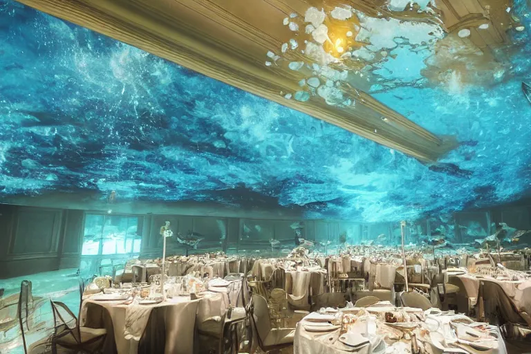 Image similar to flooded ballroom, underwater view, wide shot, cinematic, realistic painting, very detailed
