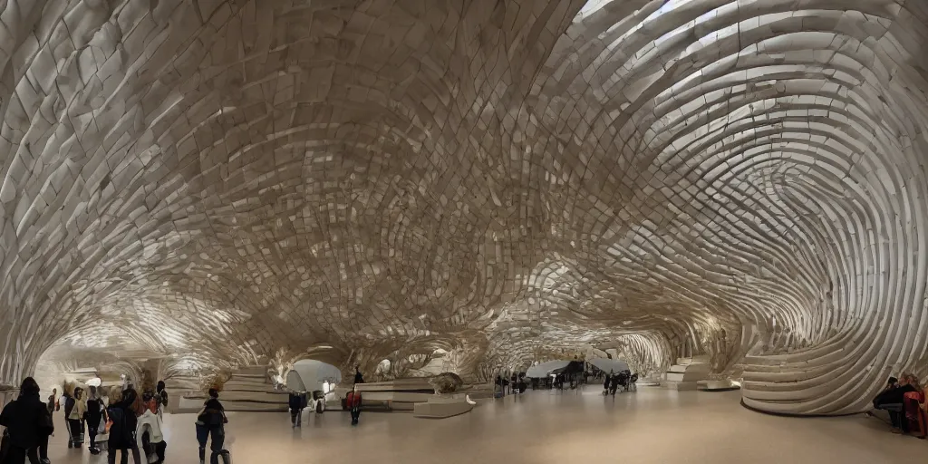 Prompt: extremely detailed stunning curvilinear museum interior