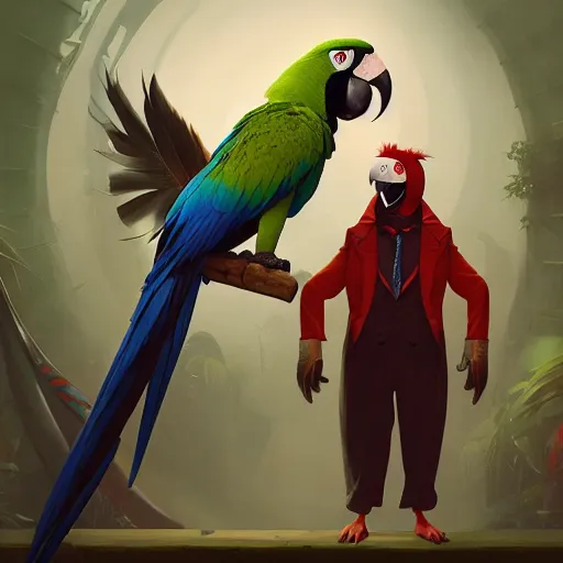 Image similar to anthropomorphic fashion vogue Macaw parrot man man wearing a parrot costume wearing a tuxedo ripped physique christopher lovell gerald brom bastien grivet greg rutkowski portrait