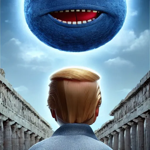 Image similar to Pixar movie about an Donald Trump invasion of Ancient Athens, UFOs, portrait, intricate, 8k highly professionally detailed, HDR, CGsociety