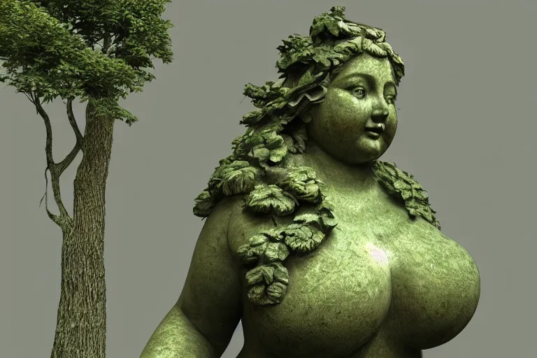 Prompt: an old and beautiful statue depicting the hearty and chubby goddess of earth and trees, lost in heart of the forest | overgrowth | sunshafts | volumetric lighting | ultradetailed | ultrarealistic | dramatic lighting | fantasy |