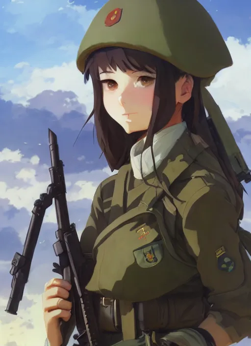 Image similar to portrait of cute soldier girl, cloudy sky background lush landscape illustration concept art anime key visual trending pixiv fanbox by wlop and greg rutkowski and makoto shinkai and studio ghibli and kyoto animation soldier clothing military gear realistic anatomy