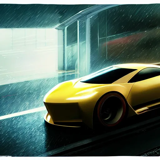 Prompt: detailed intricate digital illustration by greg rutkowski and artgerm and wlop ; 2 0 2 4 concept car electric vehicle, sharp, smooth, closeup editorial photograph ; bright, glowing, led headlights and sleek design ; sharp focus, depth of field, rain, motion blur, cinematic angle and composition, golden hour