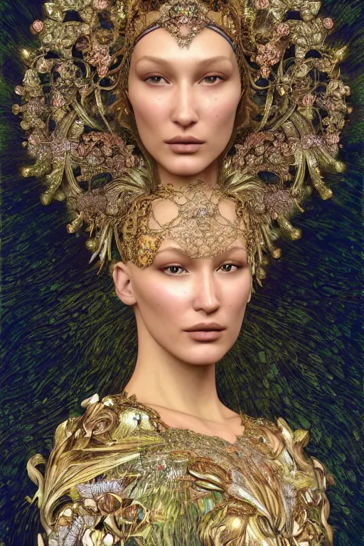 Prompt: a highly detailed portrait of a beautiful goddess bella hadid in iris van herpen dress in diamonds and fractals in style of alphonse mucha art nuvo gustav klimt trending on artstation made in unreal engine 4