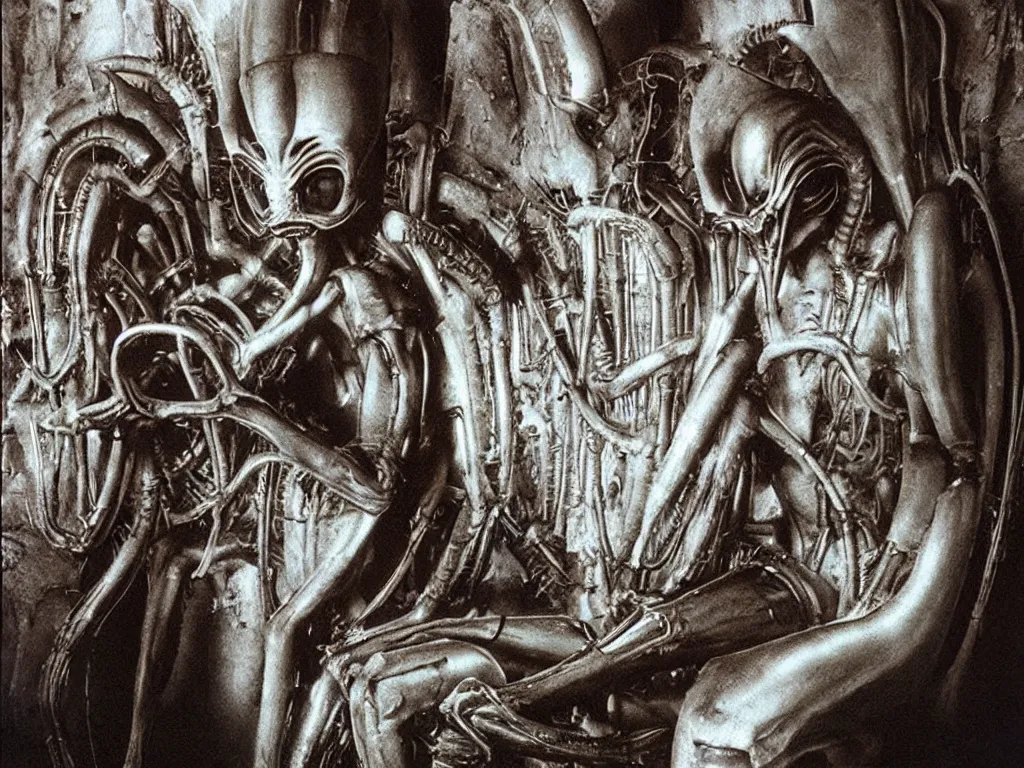 Prompt: H.R. Giger alien sitting on the toilet. Color photograph from 1990’s color sci-fi film.