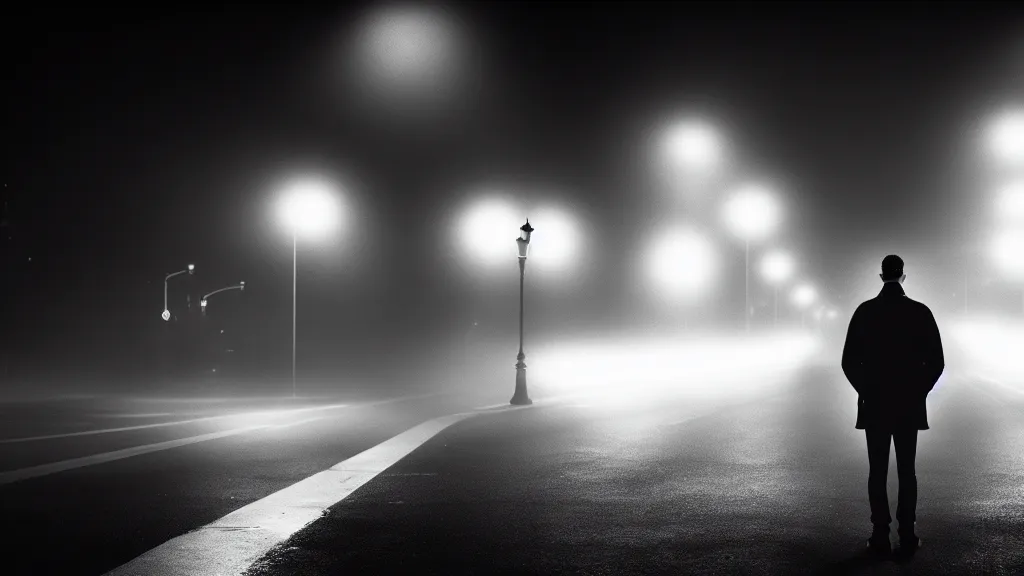 Image similar to a man is standing on the street under the lights, fog, volumetric lighting, mystique, atmospheric, sharp focus, ultra detailed, noir art house, 4 k, cinematic, 3 5 mm