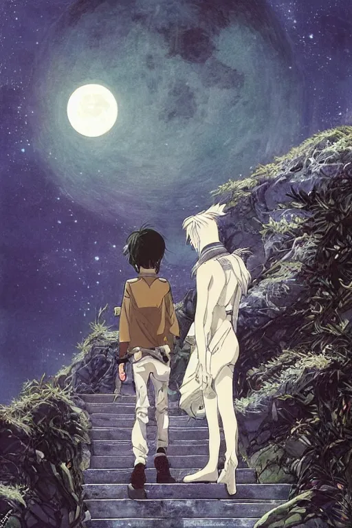 Prompt: a full moon and a white wolf glimmering stairways to otherworldly galaxies, high intricate details, rule of thirds, golden ratio, cinematic light, anime style, graphic novel by fiona staples and dustin nguyen, by beaststars and orange, peter elson, alan bean, studio ghibli, makoto shinkai