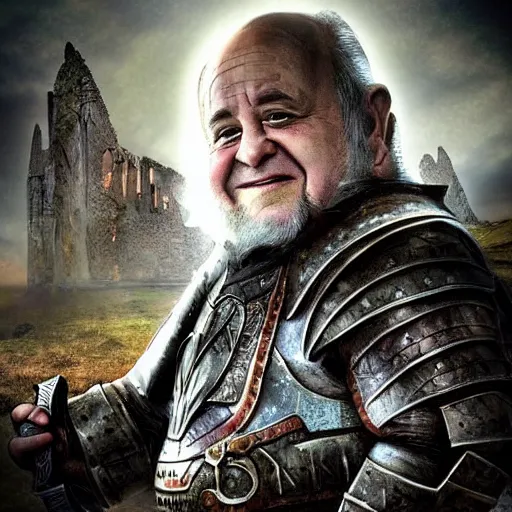 Prompt: last selfie taken by, a tolkien dwarf, resembling Danny Devito wearing metal Armour that is smiling, in combat, apocalyptic, smoldering ruins