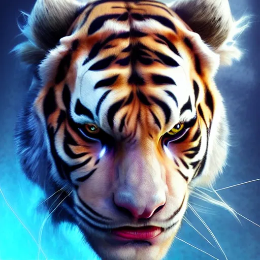 Prompt: a esthetic portrait commission of a muscular antrho albino tiger wearing the superman outfit,hyperdetailed face,character design by charlie bowater,ross tran,artgerm,makoto shibkai,photorealistic,western comic book art,film poster,deviantart,artstation