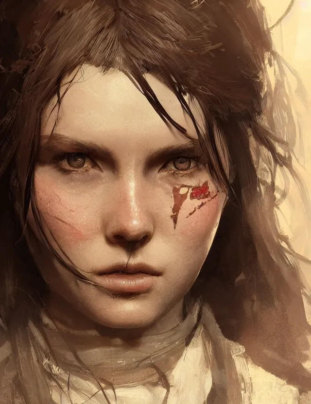 Image similar to close face portrait of a beautiful young female robber as red dead redemption 2 concept art, art by ryo shiotani and greg rutkowski, intricate, beautiful, cute, cinematic lighting, vintage art by serge ivanoff, high resolution, very detailed