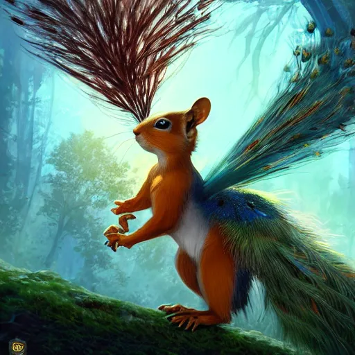 Prompt: Squirrel /peacock, magic the gathering artwork, D&D, fantasy, cinematic lighting, centered, symmetrical, highly detailed, digital painting, artstation, concept art, smooth, sharp focus, illustration, volumetric lighting, epic Composition, 8k, art by Akihiko Yoshida and Greg Rutkowski and Craig Mullins, oil painting, cgsociety