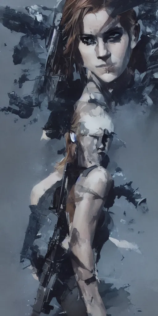 Image similar to emma watson wearing metal gear armor holding ak-47 dramatic lighting art by Yoji Shinkawa by Richard Schmid by greg rutkowski by Sandra Chevrier by Jeremy Lipking cinematic dramatic