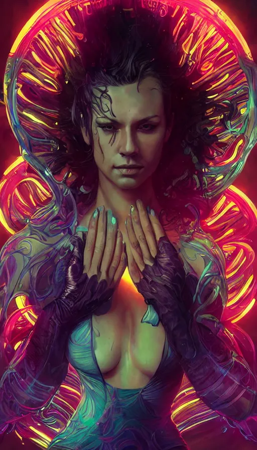 Image similar to altered carbon, neon, fibonacci, sweat drops, insane, pinup, intricate, highly detailed, digital painting, artstation, concept art, smooth, sharp focus, illustration, Unreal Engine 5, 8K, art by artgerm and greg rutkowski and alphonse mucha