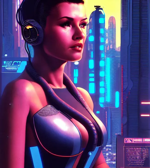 Image similar to cable plugged in, side of head, very very beautiful woman, cyberdeck computer terminal, street level night city, 1 9 7 9 omni magazine cover, style by vincent di fate, artgerm, cyberpunk 2 0 7 7, very coherent, detailed, 4 k resolution, unreal engine, daz