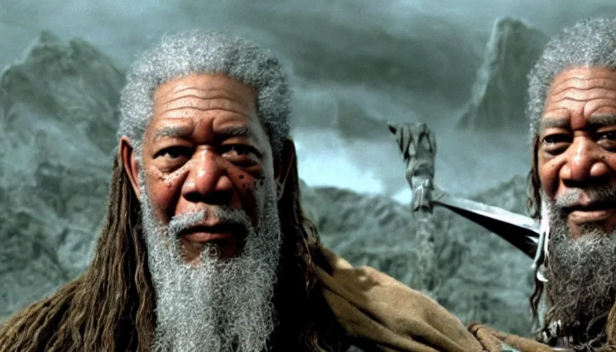 Image similar to morgan freeman starring as gimli in lord of the rings, cnn news footage taken from above.