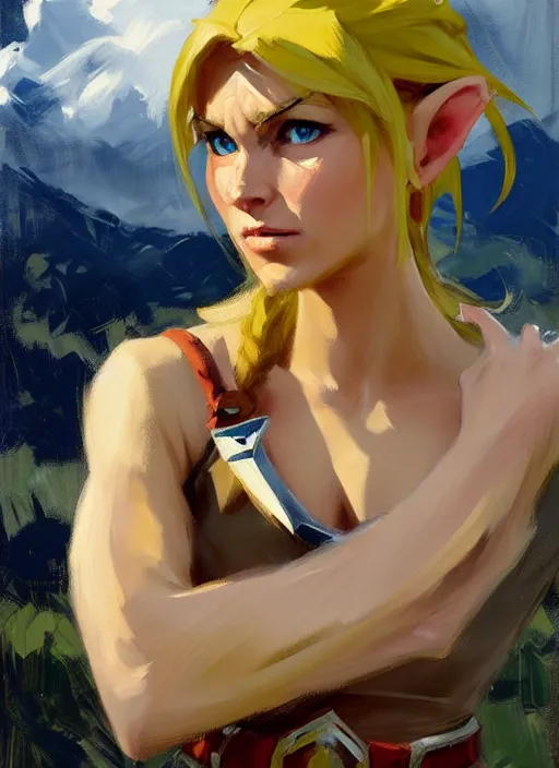 Image similar to Greg Manchess painting of a female Link from Legend of Zelda, countryside, calm, fantasy character portrait, dynamic pose, above view, sunny day, thunder clouds in the sky, artwork by Jeremy Lipkin and Giuseppe Dangelico Pino and Michael Garmash and Rob Rey, very coherent asymmetrical artwork, sharp edges, perfect face, simple form, 100mm