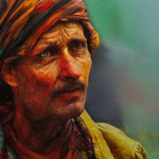 Prompt: a close-up oil painting of a destitute artist, bright-colors, cinematic, highly detailed