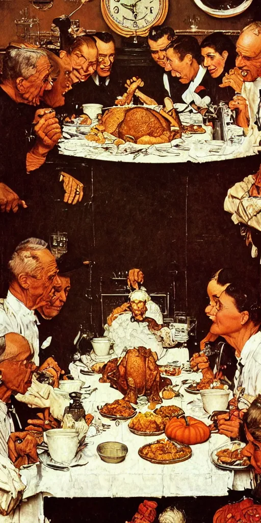 Prompt: the mars rover eating thanksgiving dinner at the head of the table norman rockwell painting