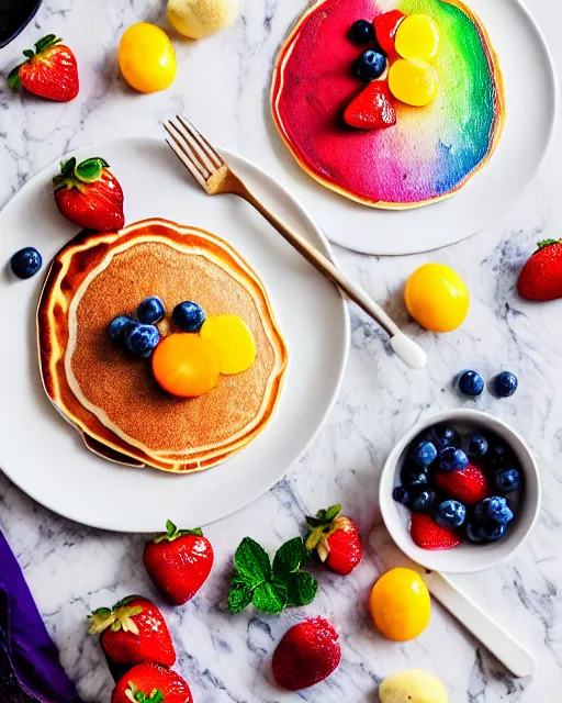 Image similar to realistic photo of delicious rainbow pancakes with fruits, whipped cream, white kitchen table, cloth, marble, highly detailed, by louise lister, sara ali, mary devinat, kailee mandel, sharp focus!!, masterpiece, award winning, elegant, instagram, high quality food photography