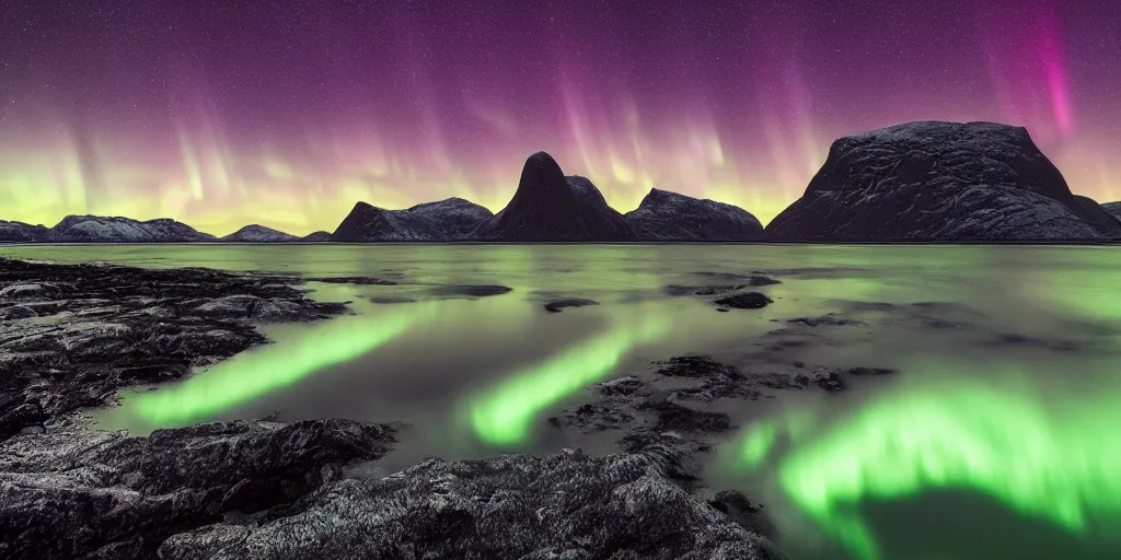 Image similar to a beautiful landscape photo in northern Norway by a famous landscape photographer, night sky with stars and green northern lights, long exposure, wide angle lens, rule of thirds