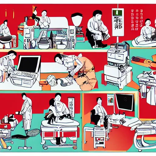 Image similar to chinese surgery operating table, in the style of daniel johnston and outsider art, 8k, line brush, overlaid with chinese adverts