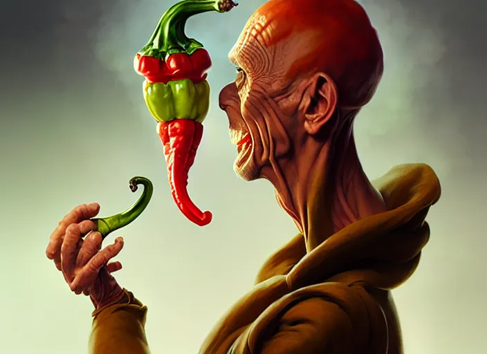 Image similar to anthropomorphic pepper doctor, diffuse lighting, fantasy, hospital background, intricate, elegant, highly detailed, lifelike, photorealistic, digital painting, artstation, illustration, concept art, smooth, sharp focus, art by frank frazetta and marco bucci and loish and rossdraws and artgerm and alphonse mucha