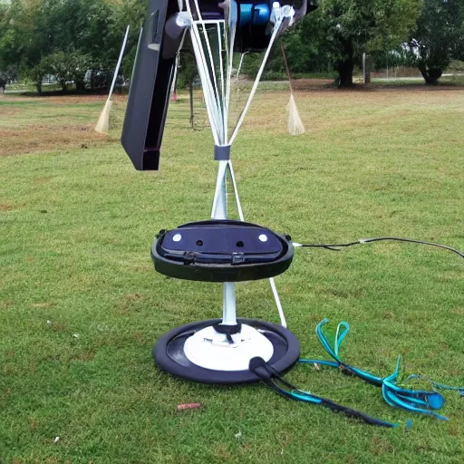 Prompt: complicated diy radio telescope scanner device made of brooms and lids and pans and duct tape and wires and lenses and cables and wires and electronics