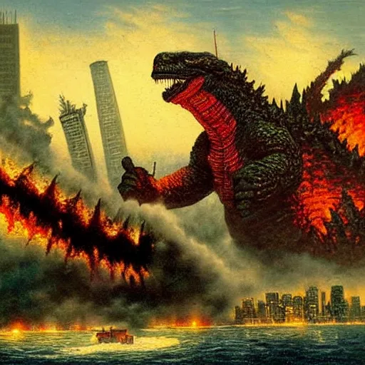 Prompt: Godzilla destroying Tokyo, Thomas Kincade