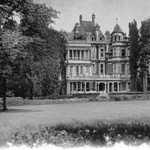 Image similar to edwardian photograph of a huge mansion, in the countryside, grainy, 1 9 1 0 s, 1 9 2 0 s, blurry, victorian, detailed