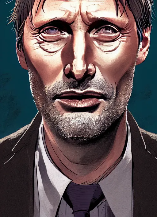 Image similar to portrait of mads mikkelsen, artstation, detailed cartoon, elegant, digital painting, concept art, smooth, sharp focus, illustration, ghibli, makoto shinkai, don bluth, fujita goro, jean giraud, akihiko yoshida, tom whalen 8 k