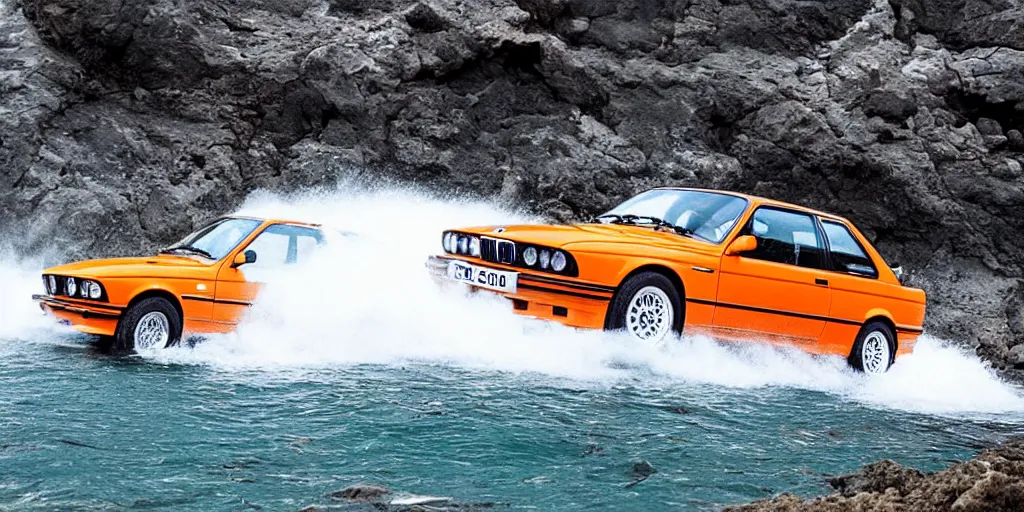 Image similar to orange bmw e30 m3 driving off a cliff into the ocean