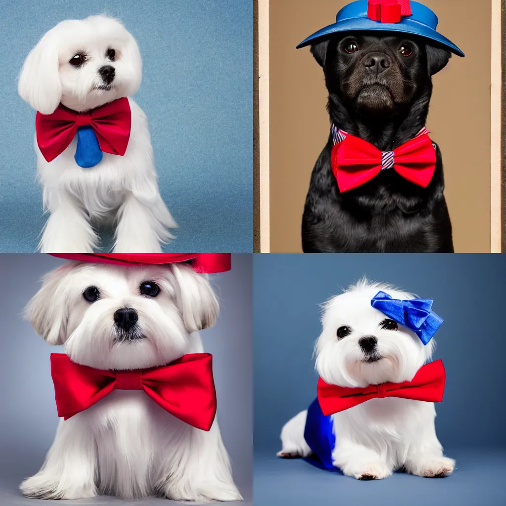 Prompt: a maltese dog wearing a blue bow tie and a red top hat, color studio photo