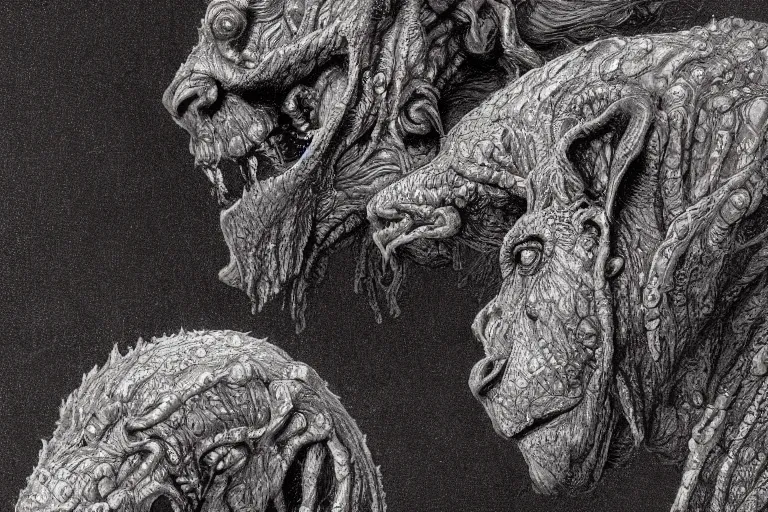 Image similar to cerberus hyperdetailed photo of a cerberus by ed binkley, wayne barlowe, ilya repin, alex horley, johfra bosschart, craig mullins, three head one body, cerberus, details