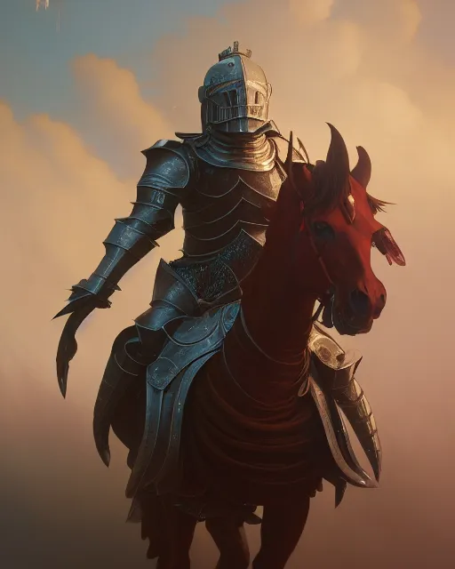 Image similar to highly detailed vfx portrait of a fantasy knight, stephen bliss, unreal engine, greg rutkowski, loish, rhads, beeple, makoto shinkai and lois van baarle, ilya kuvshinov, rossdraws, tom bagshaw, alphonse mucha, global illumination, detailed and intricate environment