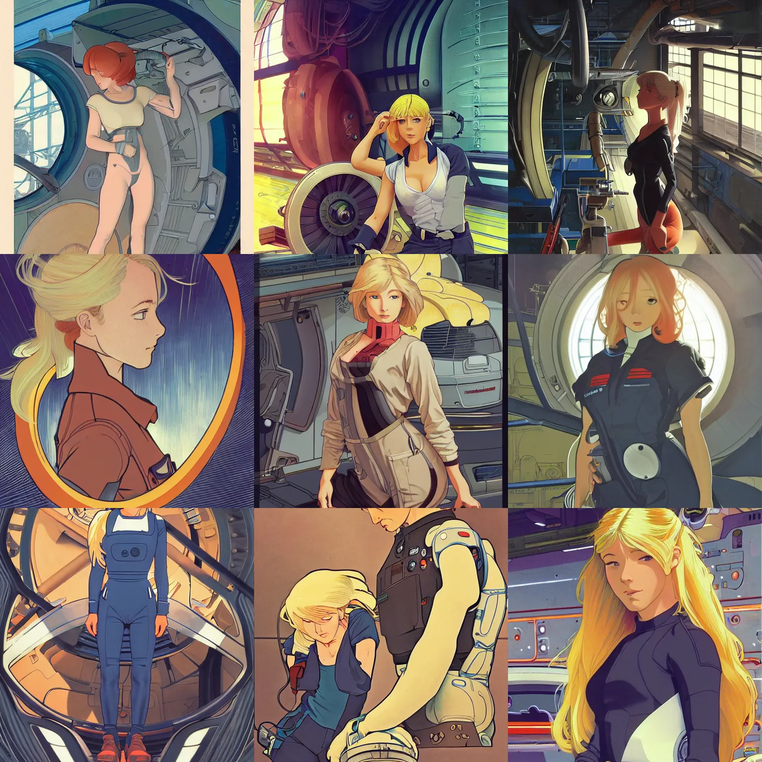 Prompt: a mechanic working in a busy starship hanger, retrofuturism, finely illustrated face, long blonde hair, bodysuit, highly detailed, colored pencil, studio ghibli, tankobon, in the style of ilya kuvshinov and yoshiyuki sadamoto and william - adolphe bouguereau and alphonse mucha