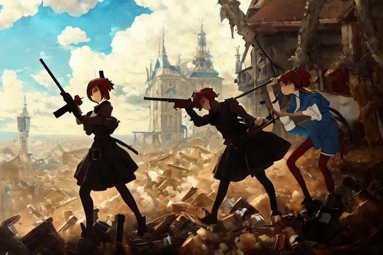 Image similar to baroque oil painting of anime key visual concept art of anime maid committing war crimes with rifle 1 9 4 0 during occupation of france colorized, trending on artstation, brush strokes, oil on canvas, style of makoto shinkai and greg rutkowski and studio ghibli