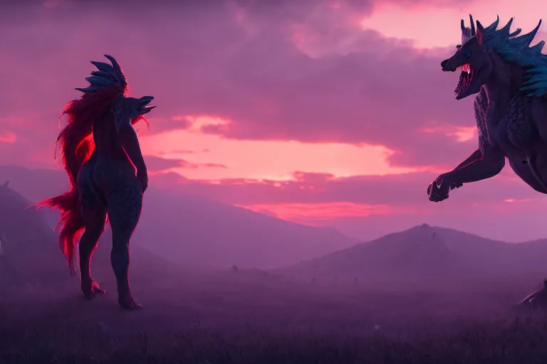 Prompt: scaled mythical creatures threatens the humankind. kaizu, highlight scene of movie, box office hit, sunset horizon, high quality, highly detailed 8 k, unreal engine 5, artstation