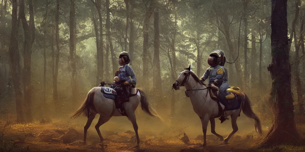 Image similar to american astronaut in an indian forest riding a beautiful horse, elegant scene, wide angle, cinematic, ultrarealistic, trending on artstation, cgsociety, highly detailed, color graded, rendered in Unreal Engine 4k HQ, matte painting, by simon stalenhag, horizon forbidden west